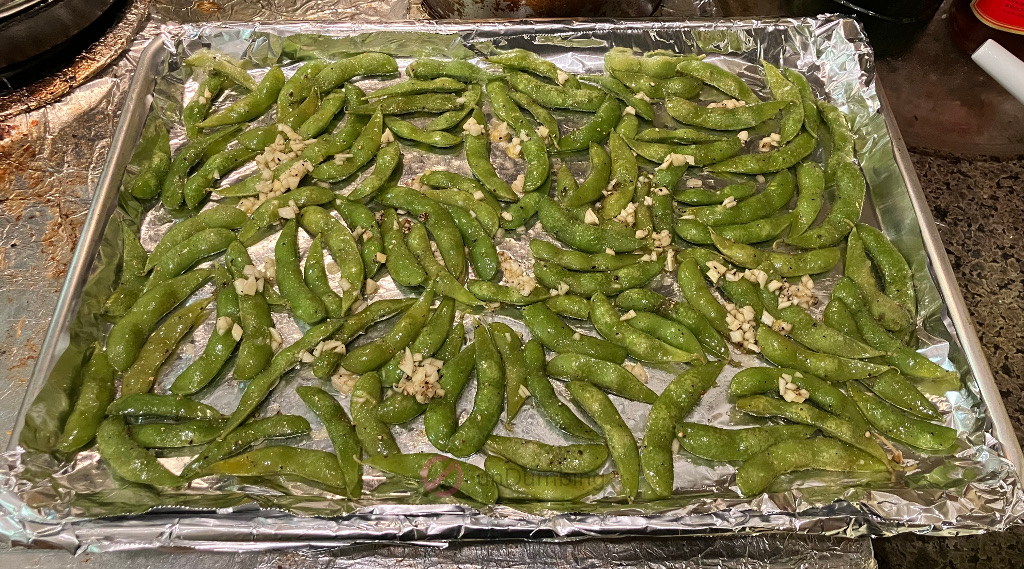 Edamame on a foil-lined baking sheet
