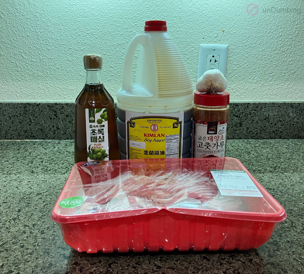 Plum extract, soy sauce, garlic, Korean red pepper powder, and pork shoulder butt